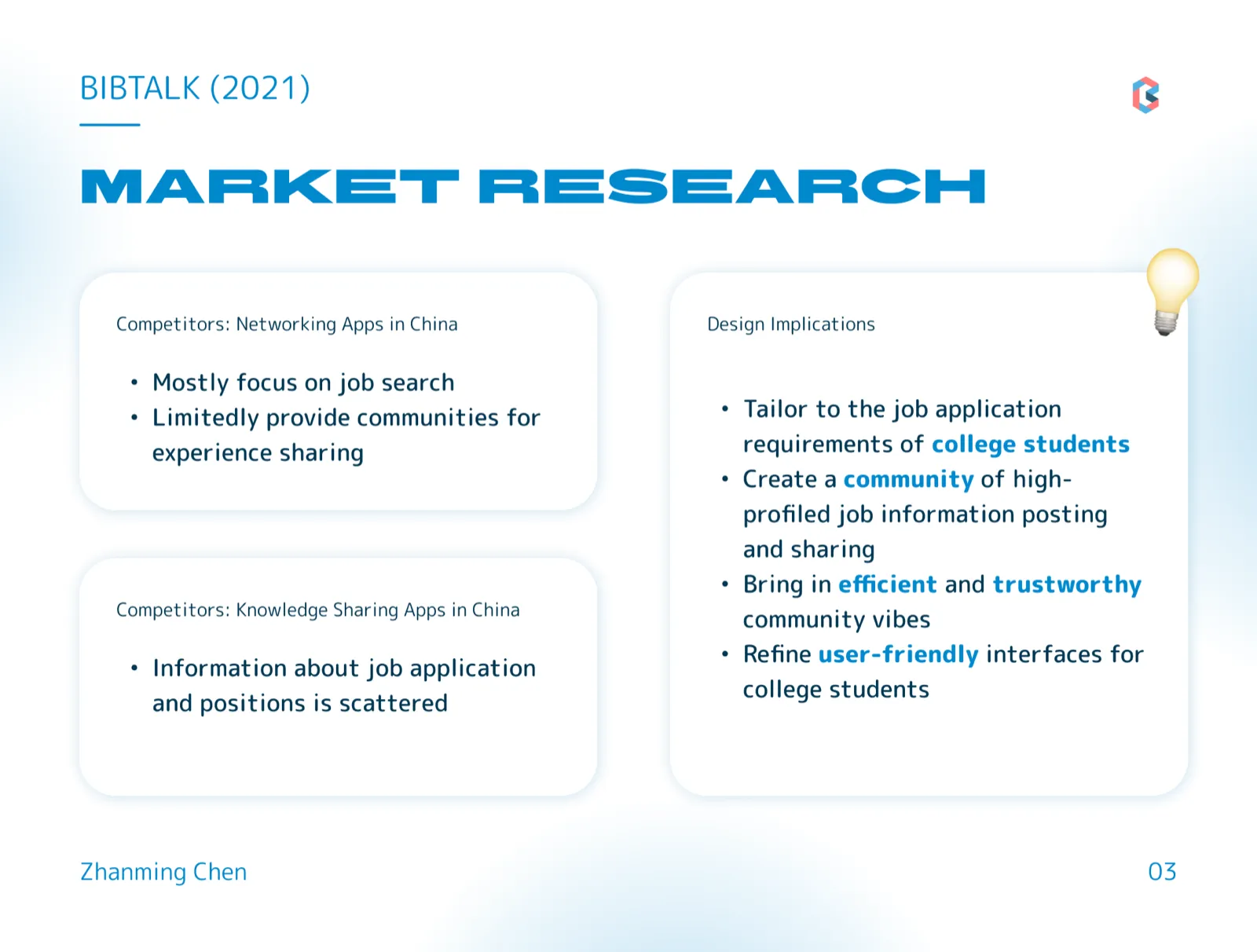 Slide with two competitor summaries, networking and knowledge-sharing apps in China, beside a list of four design implications