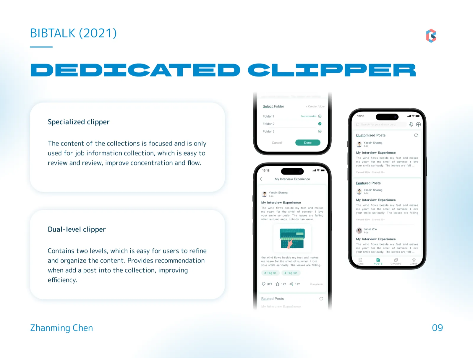 Three phone screens: the Posts feed, an interview-experience post, and a folder picker with one folder marked Recommended