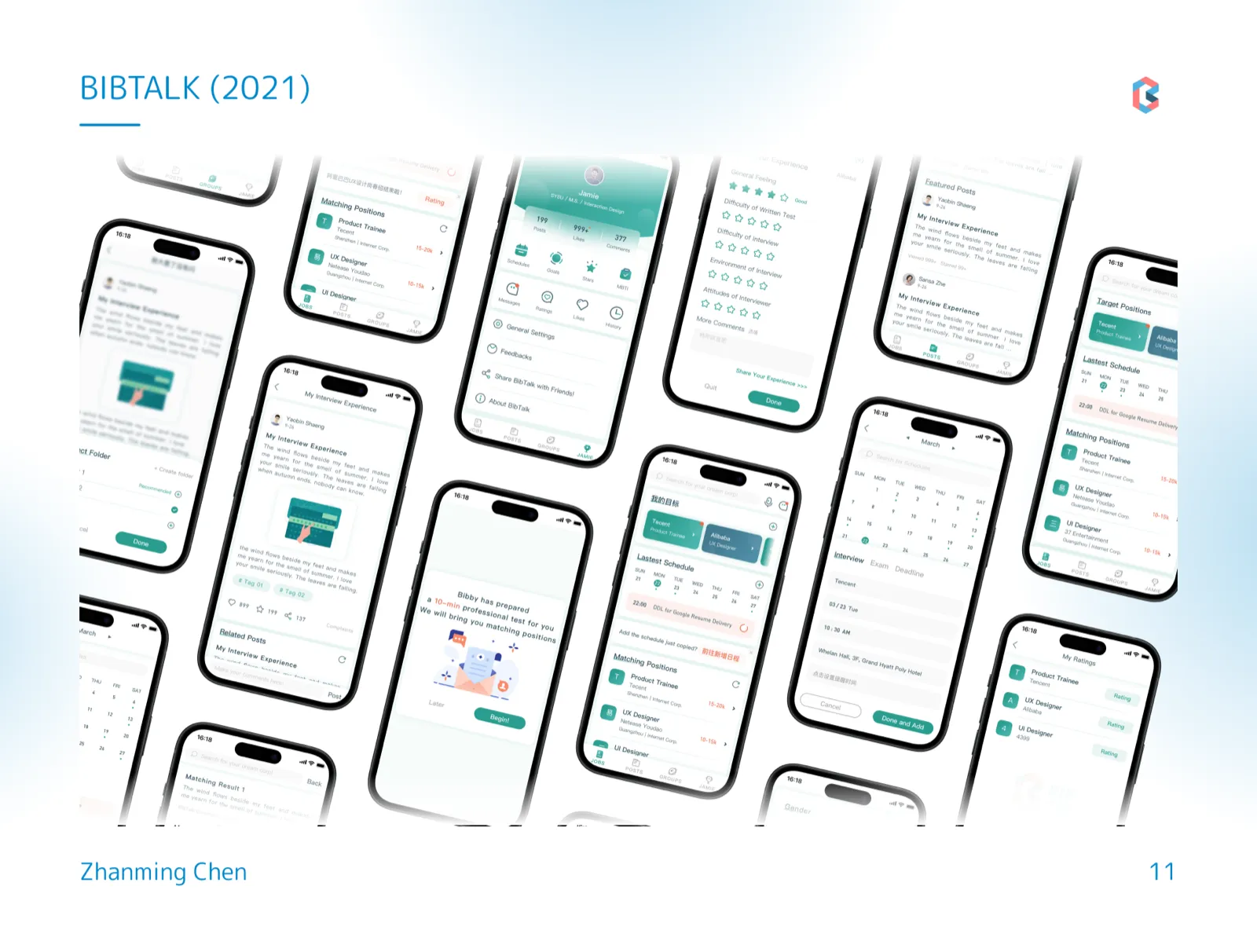 Tilted grid of BibTalk phone screens: home, search, calendar, posts, sign-up test, ratings and the profile page