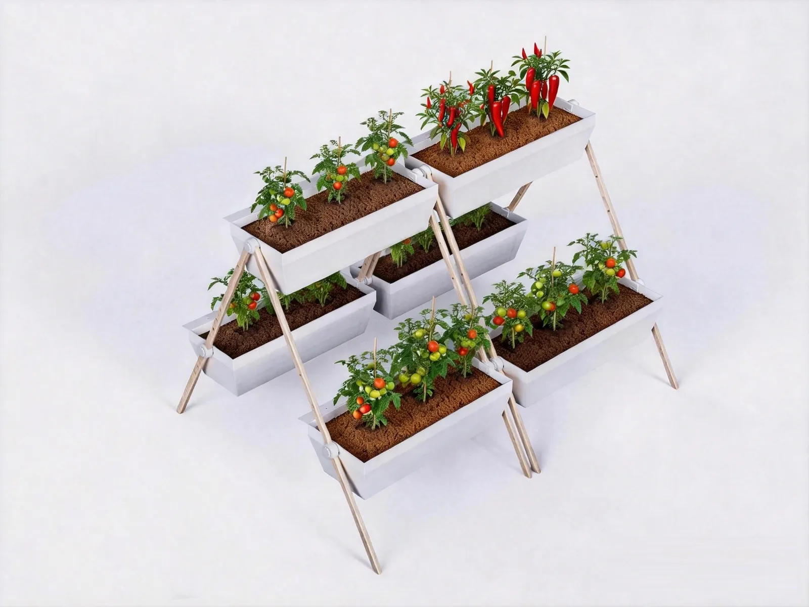 Render of two wooden A-frames holding six white slanted crates in tiers, planted with tomatoes and red chili peppers