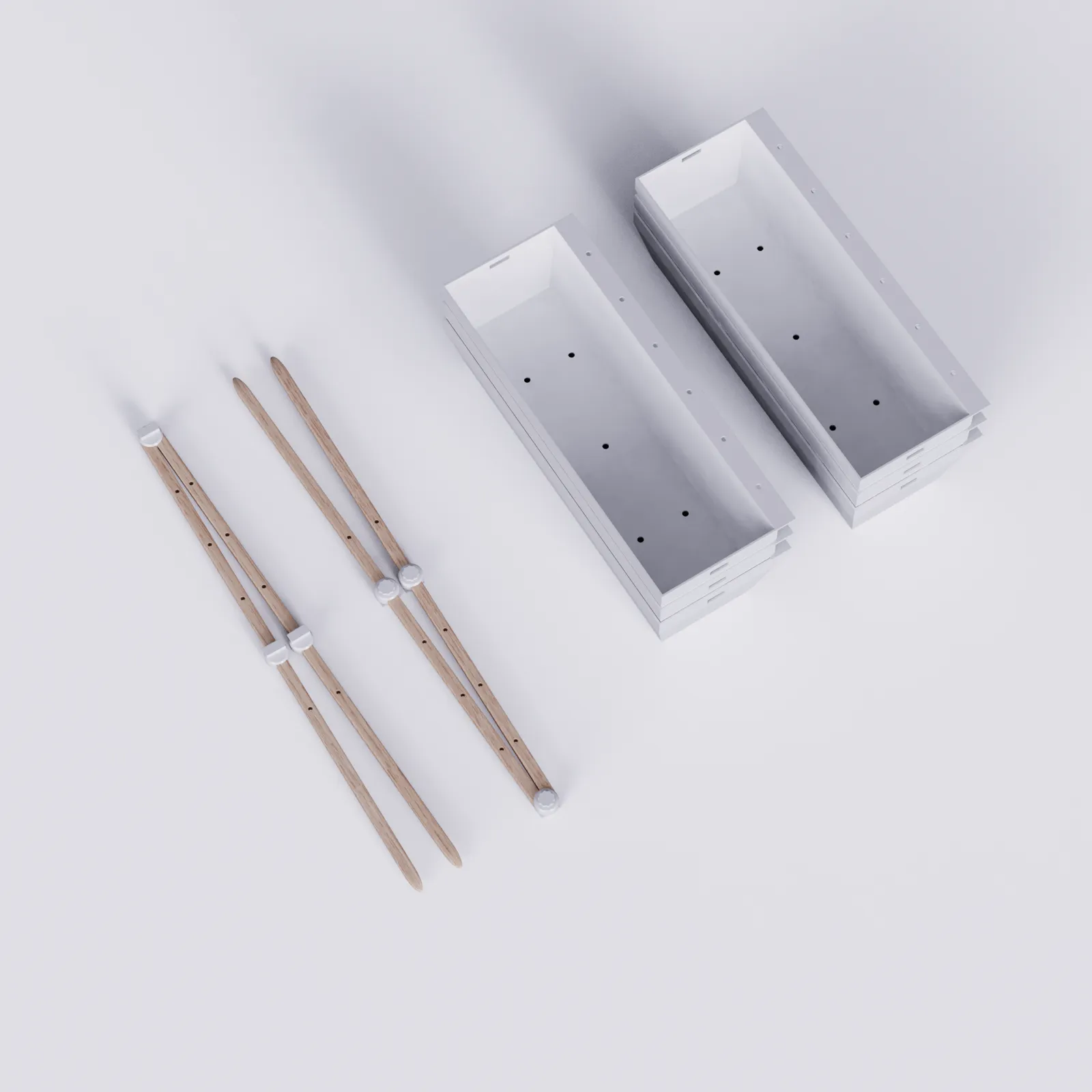 Top-down render of two pairs of wooden legs with white joints beside two stacks of white crates with holes