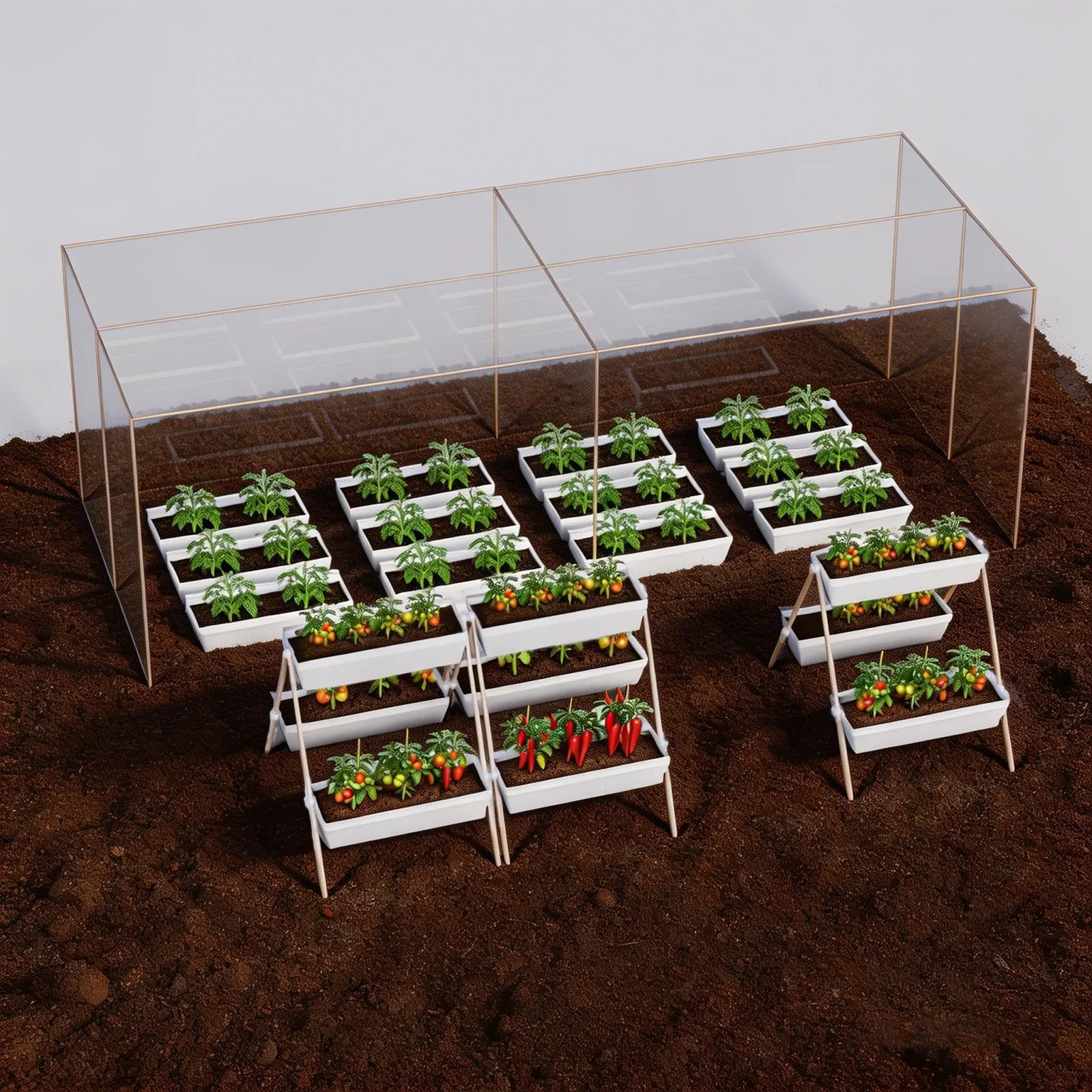 Render on bare soil: seedling crates in rows under a clear enclosure, with planted A-frame units in front