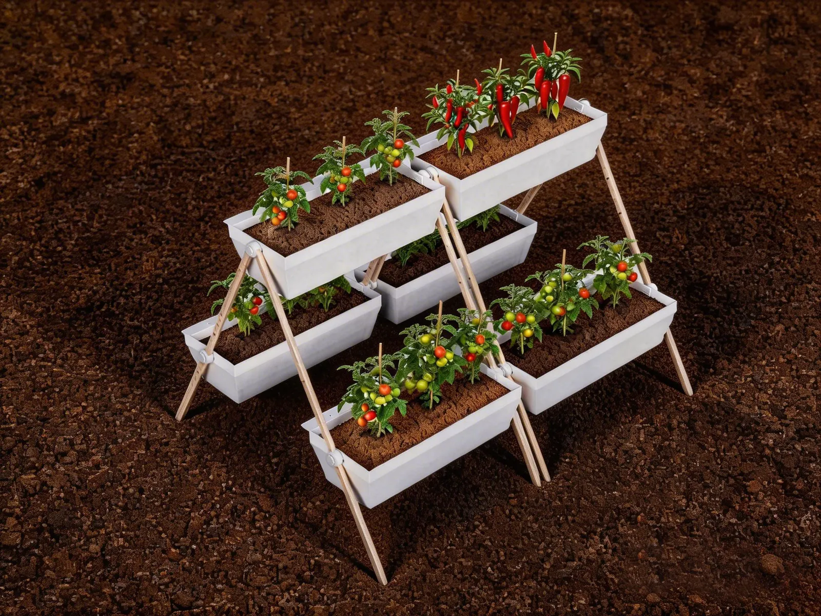Render of two wooden A-frames with six crates of tomatoes and chili peppers standing on bare brown soil