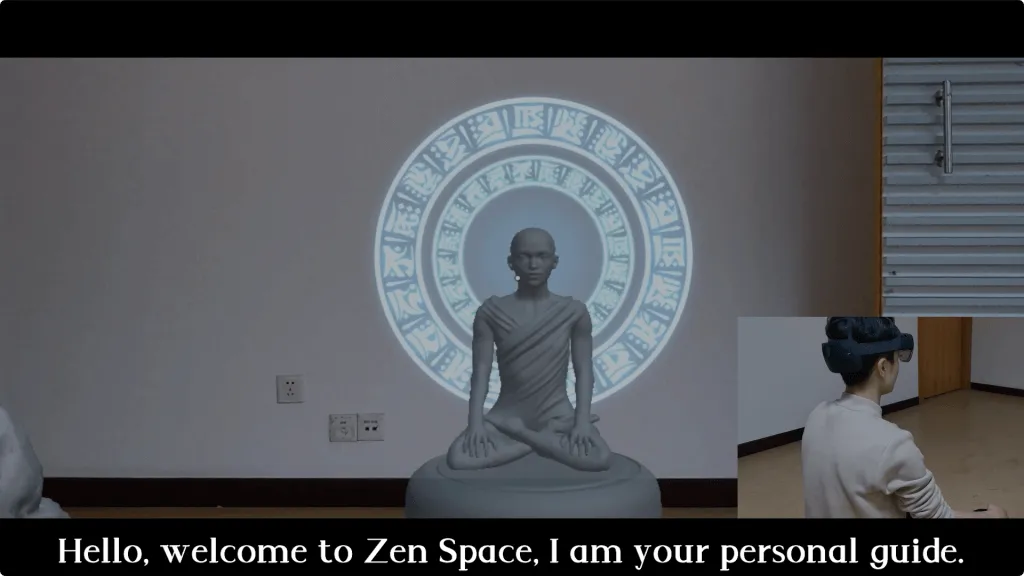 A hologram of a meditating figure before a glowing ring in a room; inset shows the user wearing a HoloLens