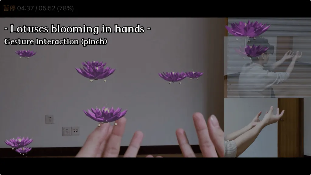 Purple virtual lotus flowers float around a user's open hands; inset shows the user reaching out in the headset