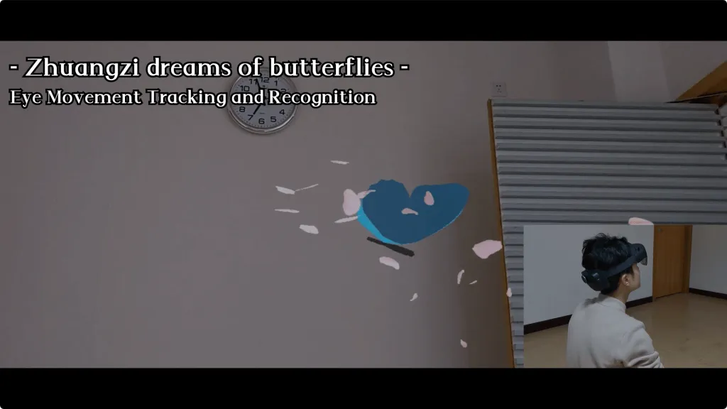 A blue virtual butterfly amid falling pink petals near a wall clock; inset shows a user in a HoloLens