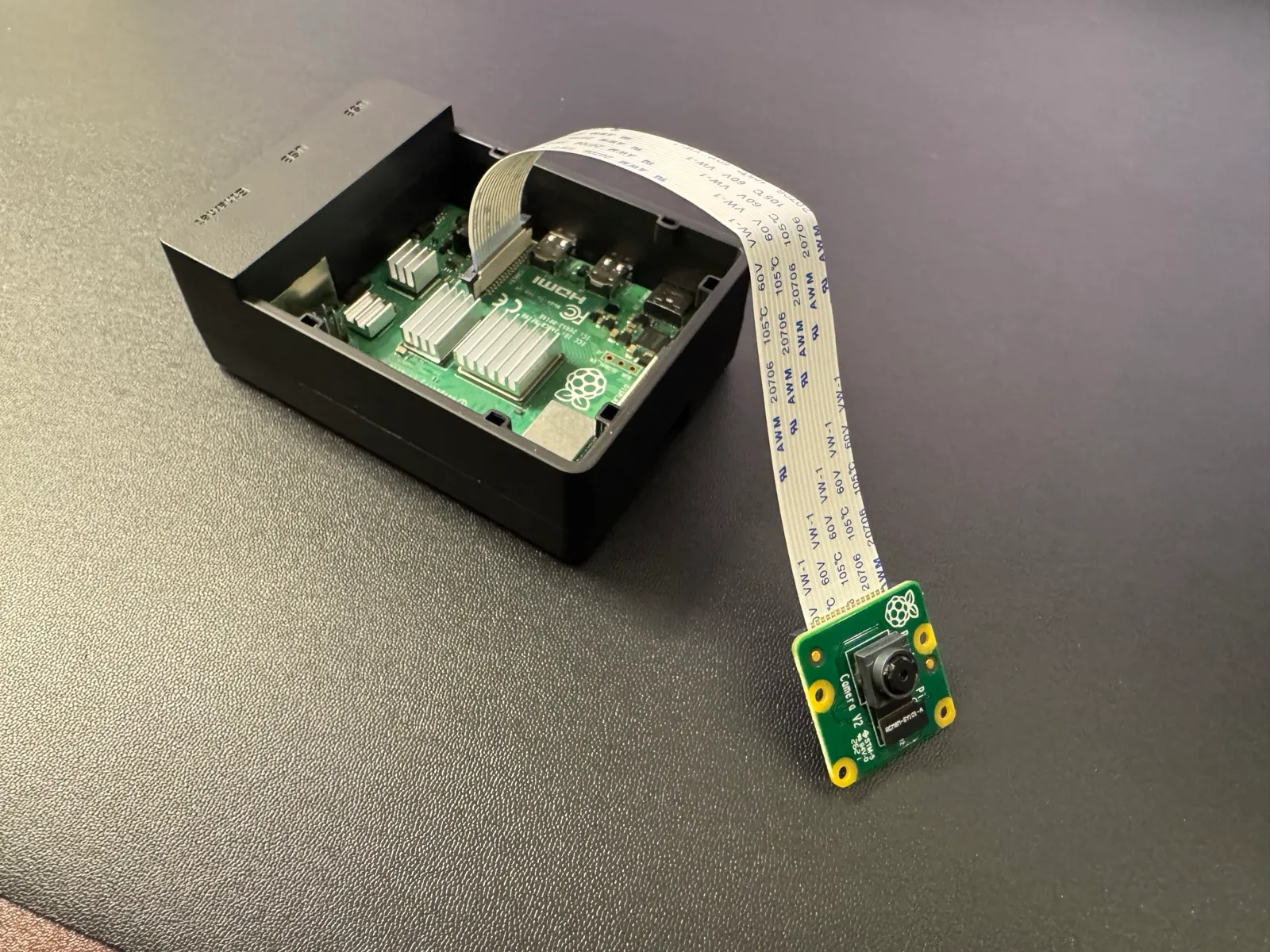 The Raspberry Pi 4 with the camera module installed.