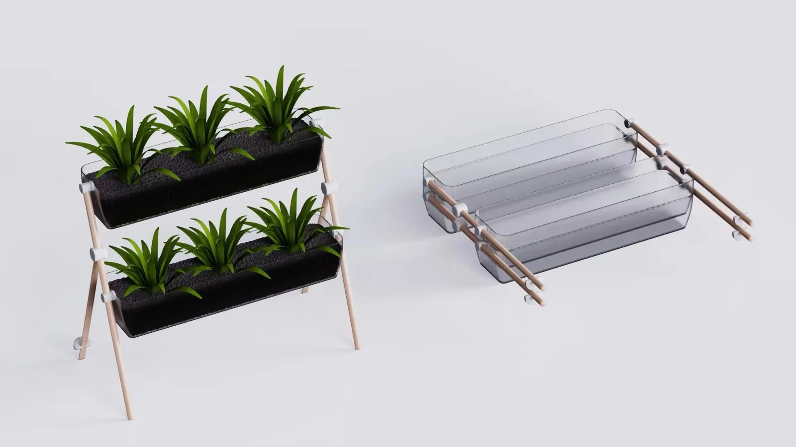 Early render: two clear troughs of plants on a wooden A-frame, and empty troughs stacked with legs folded
