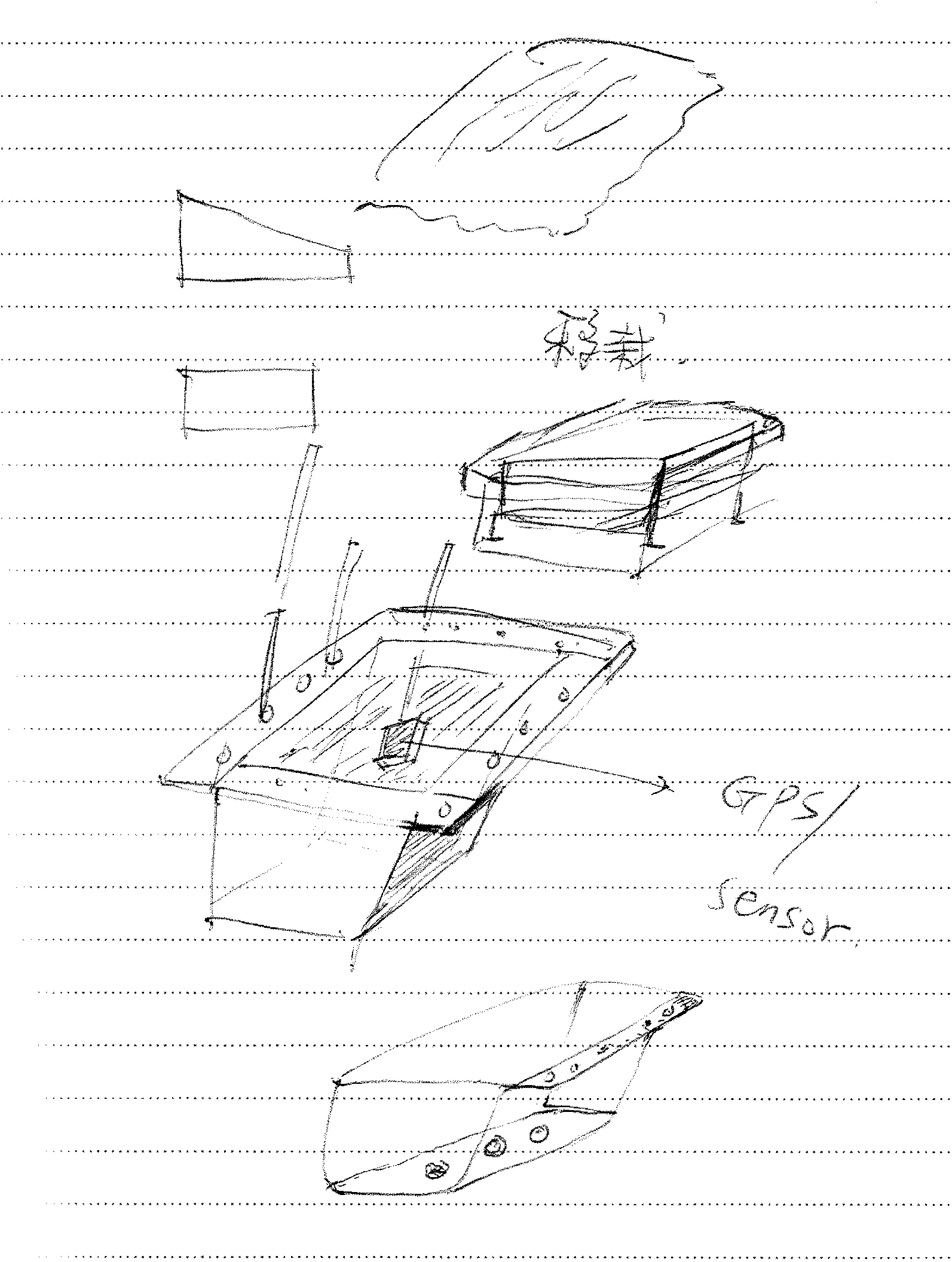 Pencil sketches on dotted paper: crate outlines, a crate with stakes in its rim, notes reading "transplant" and "GPS/sensor"